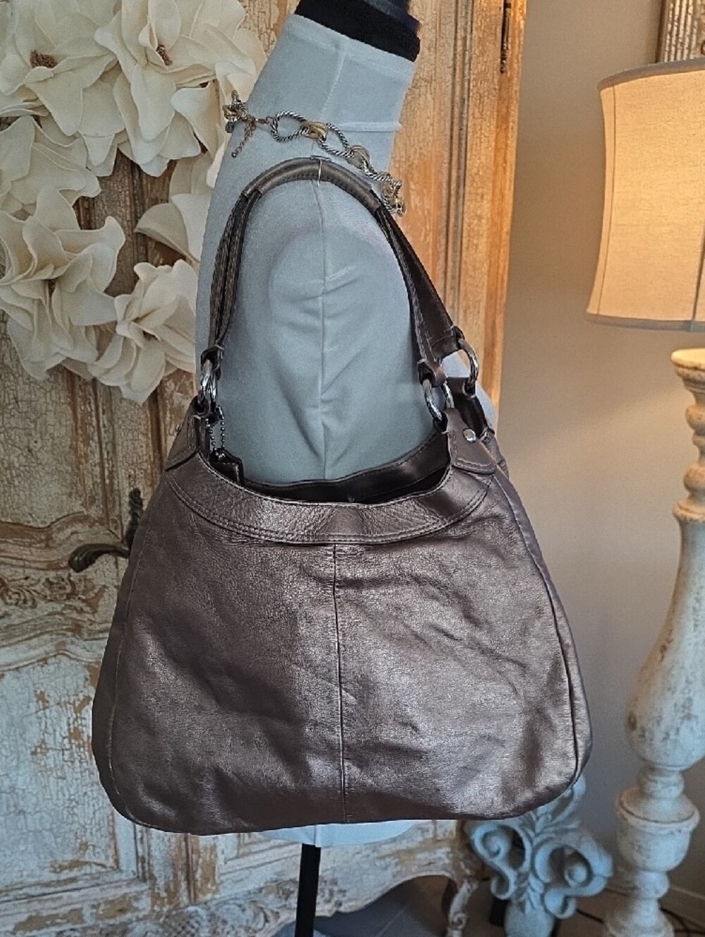 Coach Metallic Bronze/ Gold Leather Shoulder Bag with Silver Hardware - Picture 13 of 14